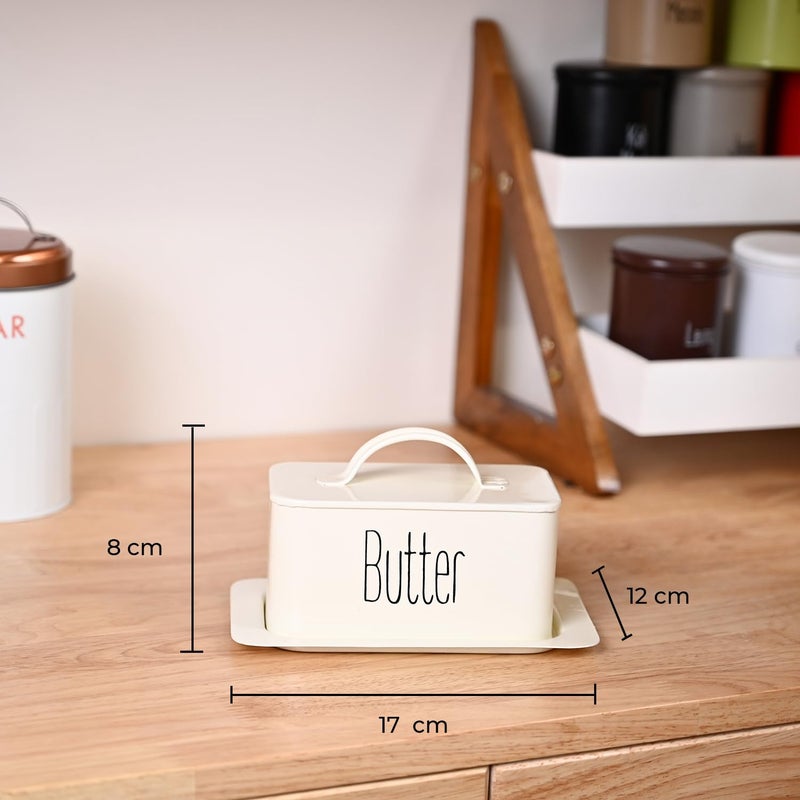 Market99 Rectangular Metal Butter Dish Box with Lid Glossy Off White Butter Storage Dish Butter Container Butter Holder Butter Tray Airtight Container