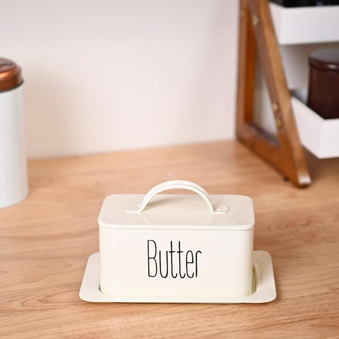 Market99 Rectangular Metal Butter Dish Box with Lid Glossy Off White Butter Storage Dish Butter Container Butter Holder Butter Tray Airtight Container