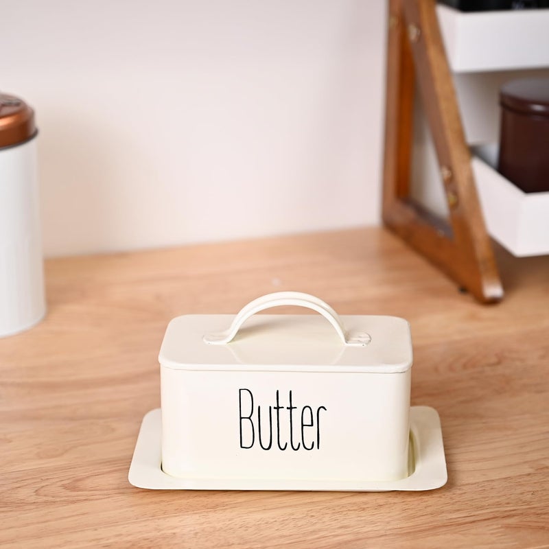 Market99 Rectangular Metal Butter Dish Box with Lid Glossy Off White Butter Storage Dish Butter Container Butter Holder Butter Tray Airtight Container