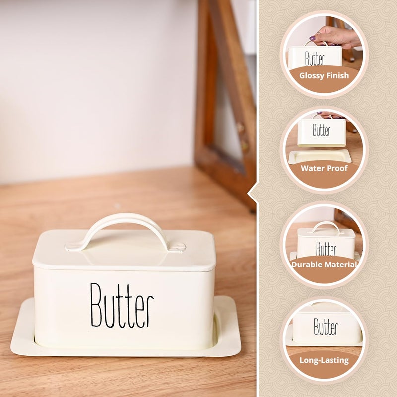 Market99 Rectangular Metal Butter Dish Box with Lid Glossy Off White Butter Storage Dish Butter Container Butter Holder Butter Tray Airtight Container