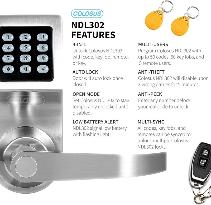 COLOSUS Electronic Smart Door Lock, Keyless Entry with Keypad, Key Fobs, Remote Control, Keys for Home, Office or Commercial, Silver NDL302 - Image 3