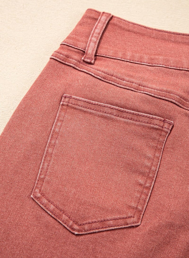 Sidefeel Jeans for Women High Waisted Stretchy Wide Leg Trendy Loose Straight Leg Seamed Front Denim Pants Mineral Red Size 14 - Image 3