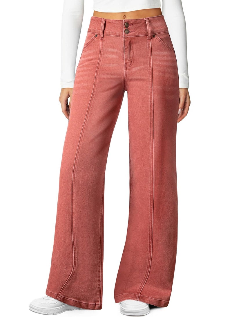 Sidefeel Jeans for Women High Waisted Stretchy Wide Leg Trendy Loose Straight Leg Seamed Front Denim Pants Mineral Red Size 14 - Image 1