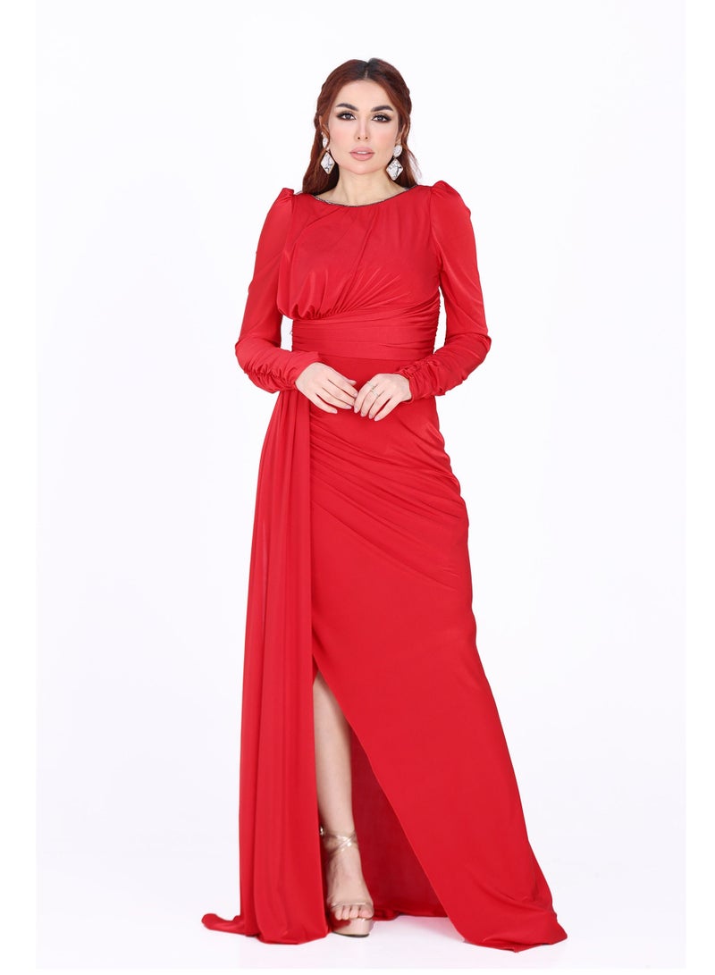 Modern Design An elegant and soft evening dress with long sleeves. This dress is characterized by its elegant design and an opening at the bottom of the dress for an attractive and elegant look.  - Image 1