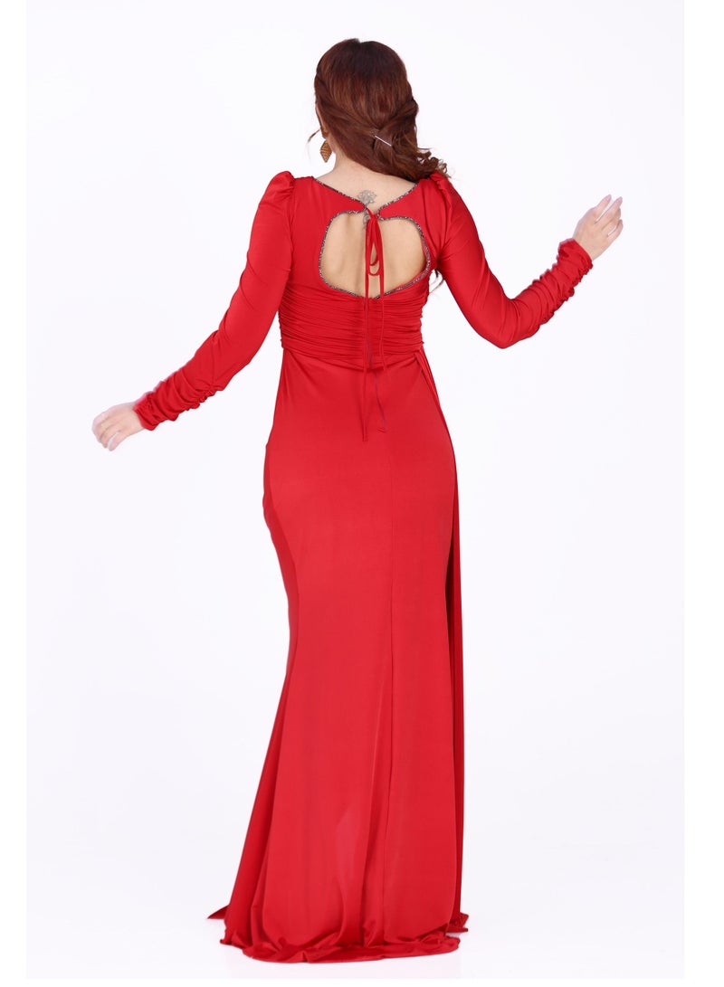 Modern Design An elegant and soft evening dress with long sleeves. This dress is characterized by its elegant design and an opening at the bottom of the dress for an attractive and elegant look.  - Image 4