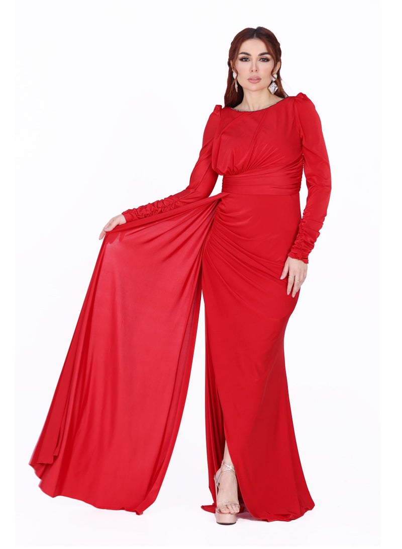 Modern Design An elegant and soft evening dress with long sleeves. This dress is characterized by its elegant design and an opening at the bottom of the dress for an attractive and elegant look.  - Image 2