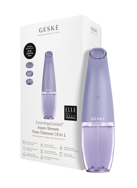 GESKE Aqua-Stream Face Cleanser | 8-in-1| Multifunctional Hydra Face Care Device  | Professional FacialSuction  Cleaning  Moisturizing and Exfoliating Device for Home Use- Purple