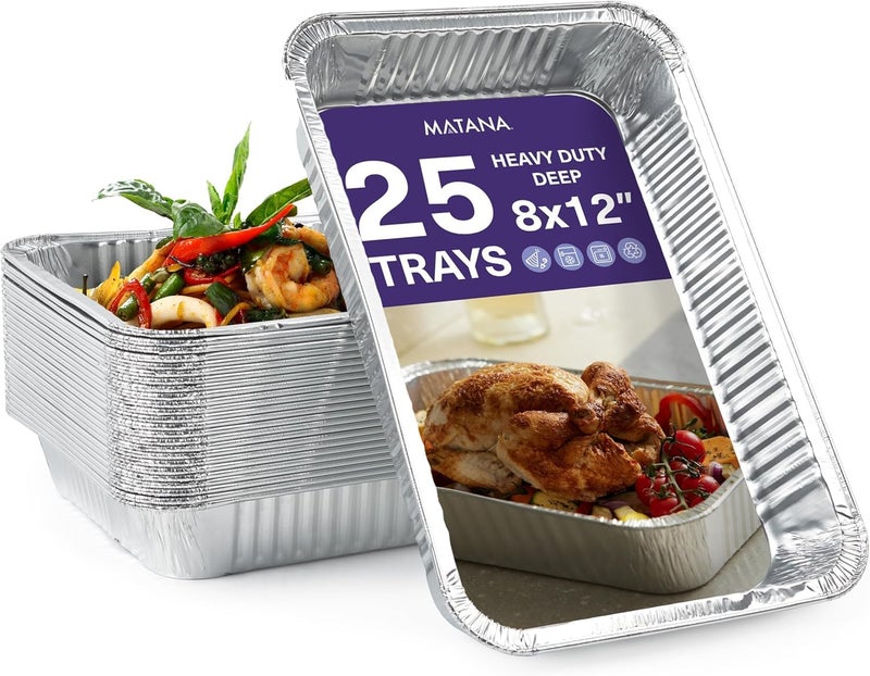 MATANA 8x12 Aluminum Pans Foil Trays 25 Pack Cooking Roasting Baking Cakes Bread Chafer Crawfish Lasagna Trays Party