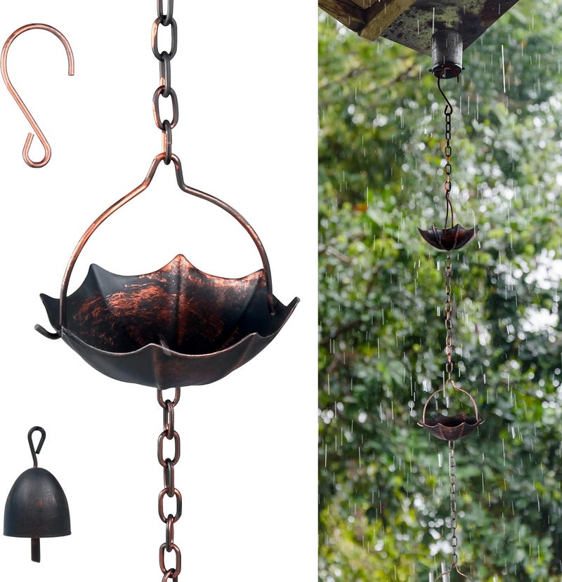 INvench Adjustable Rain Chains for Gutters, 12.5FT Outside Rain Chains with 12 Cups, Umbrella Shaped Rain Catcher Chain with Bell for Eaves Drainage, Replacement for Downpout - Image 1