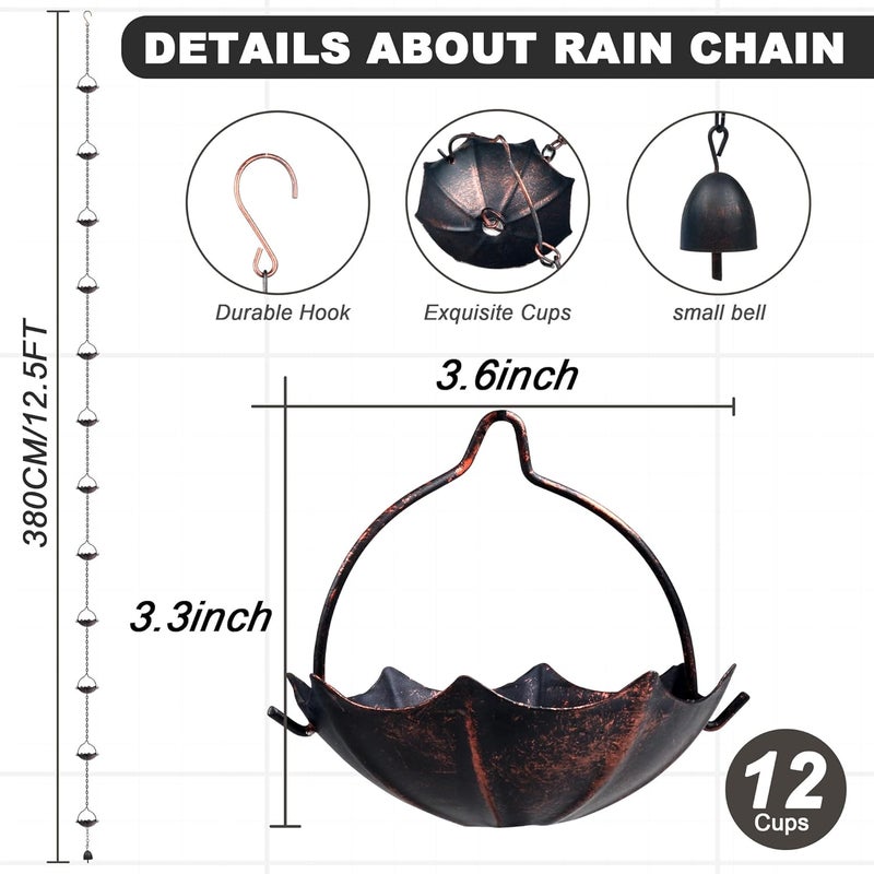 INvench Adjustable Rain Chains for Gutters, 12.5FT Outside Rain Chains with 12 Cups, Umbrella Shaped Rain Catcher Chain with Bell for Eaves Drainage, Replacement for Downpout - Image 2