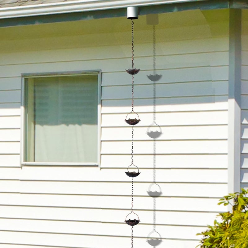 INvench Adjustable Rain Chains for Gutters, 12.5FT Outside Rain Chains with 12 Cups, Umbrella Shaped Rain Catcher Chain with Bell for Eaves Drainage, Replacement for Downpout - Image 4