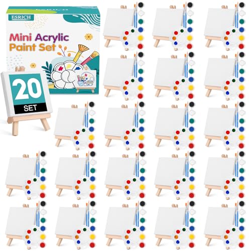 ESRICH 20 Set Mini Canvas Painting Kit, Minis Acrylic Paint Set, Valentines Day Gifts,4*4in Stretched Canvas with Easel, Acrylic Paints,Brushes,Palette,Mini Easel Canvas for Kids Adults Painting Party - Image 1