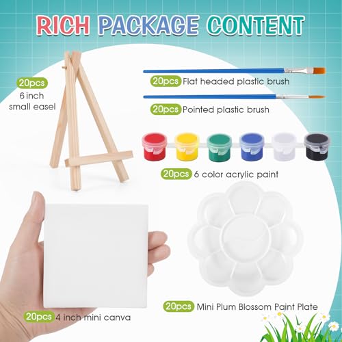 ESRICH 20 Set Mini Canvas Painting Kit, Minis Acrylic Paint Set, Valentines Day Gifts,4*4in Stretched Canvas with Easel, Acrylic Paints,Brushes,Palette,Mini Easel Canvas for Kids Adults Painting Party - Image 2