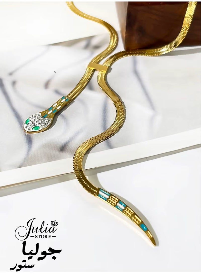 18K Gold Plated Stainless Steel Trendy Dainty 4mm Snake Fashion Shiny Imperial Herringbone Chain Flat Snake Head Tail Green Eyes Chain Necklace For Women