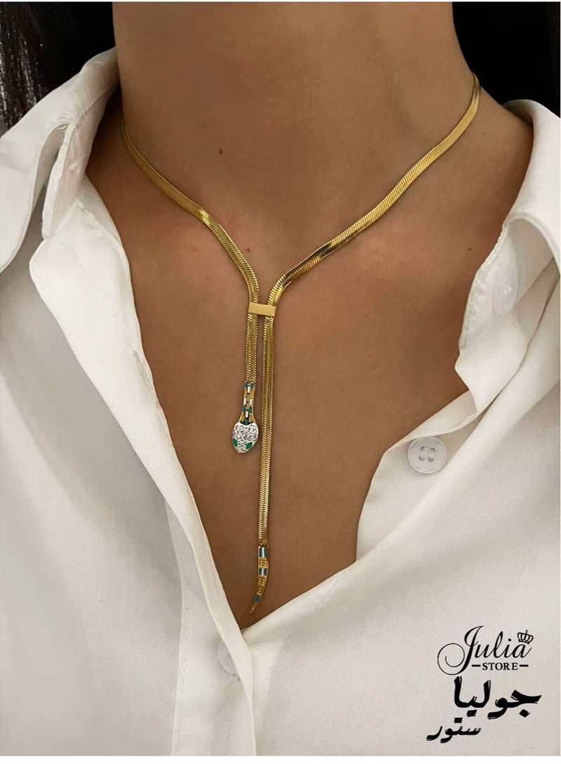 18K Gold Plated Stainless Steel Trendy Dainty 4mm Snake Fashion Shiny Imperial Herringbone Chain Flat Snake Head Tail Green Eyes Chain Necklace For Women