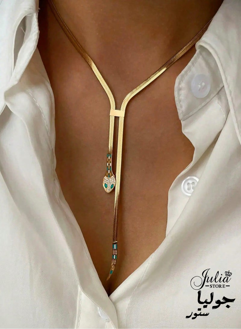 18K Gold Plated Stainless Steel Trendy Dainty 4mm Snake Fashion Shiny Imperial Herringbone Chain Flat Snake Head Tail Green Eyes Chain Necklace For Women
