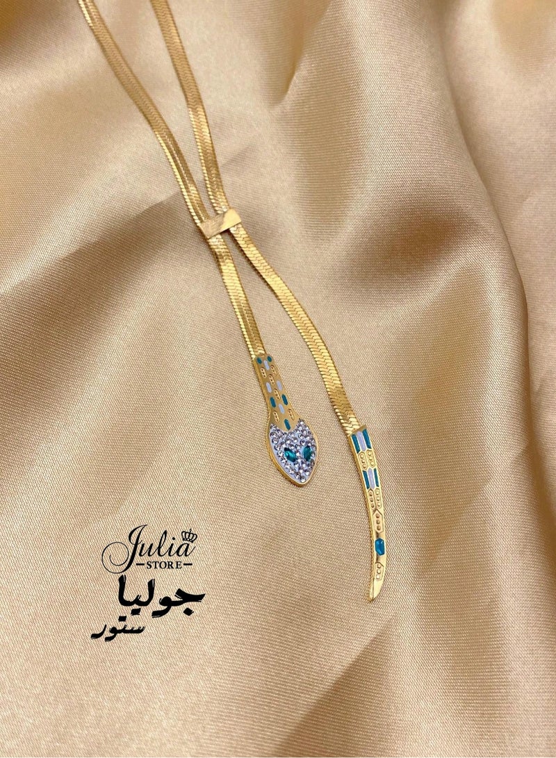 18K Gold Plated Stainless Steel Trendy Dainty 4mm Snake Fashion Shiny Imperial Herringbone Chain Flat Snake Head Tail Green Eyes Chain Necklace For Women