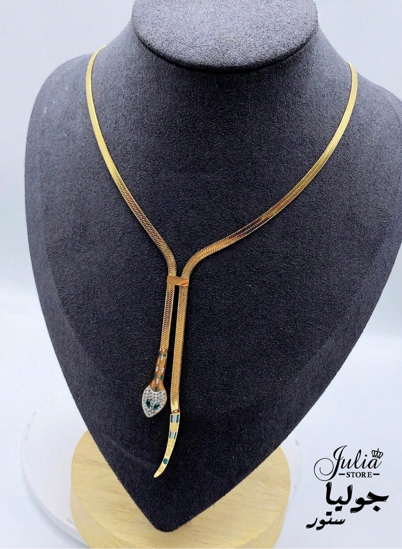 18K Gold Plated Stainless Steel Trendy Dainty 4mm Snake Fashion Shiny Imperial Herringbone Chain Flat Snake Head Tail Green Eyes Chain Necklace For Women