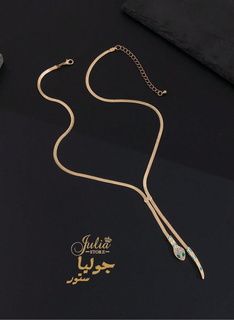 18K Gold Plated Stainless Steel Trendy Dainty 4mm Snake Fashion Shiny Imperial Herringbone Chain Flat Snake Head Tail Green Eyes Chain Necklace For Women