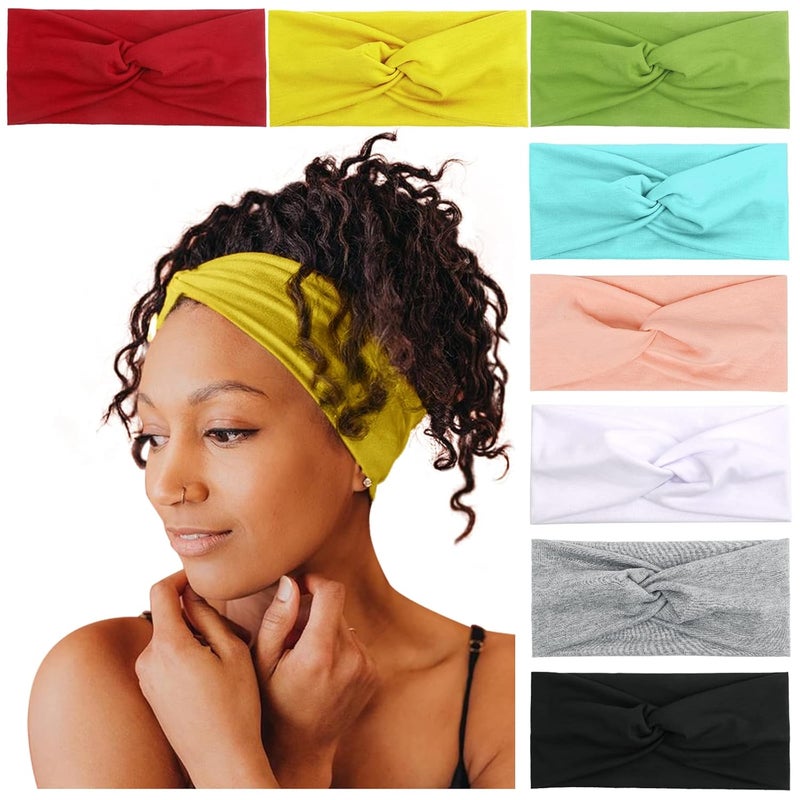 Tobeffect Headbands for Women Non Slip Boho Turban Elastic Head Wrap Women Twist Knot Head Band Fashion Hair Accessories Solid Color 8 Pack