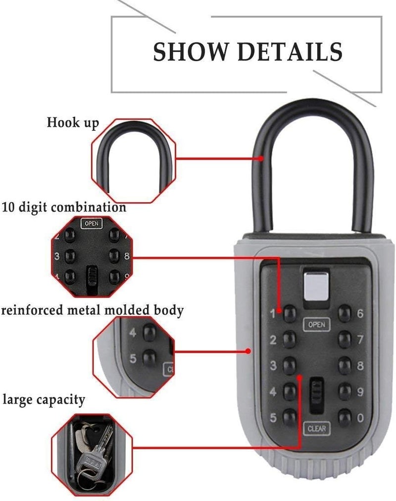 CCYX Key Lock Box,Realtor Key Lock Box Safe Lockbox 10-Digit Push Button Combination Safe Vault - Portable Outdoor Stor a Key - Door Handle or Fence Mount. - Image 2