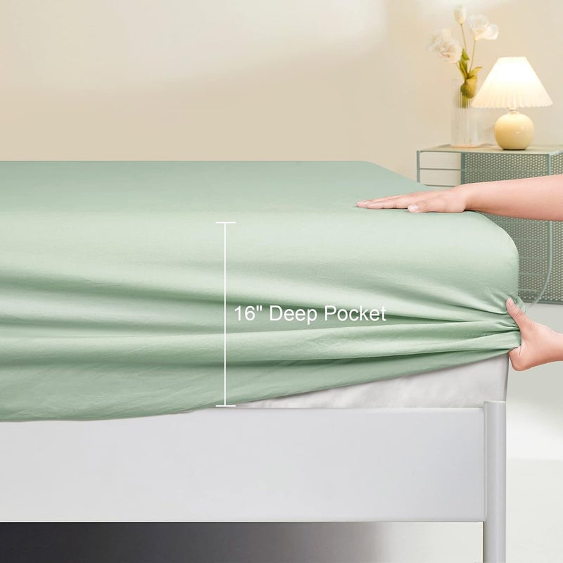 PHF 100% Garment Washed Cotton Fitted Sheet Twin Size (99cm x 190cm), Cozy Cloud Soft Bottom Sheet with Elastic 40cm Deep Pocket, Easy Fit and Breathable, without Pillowcase, Artemisia Green - Image 4