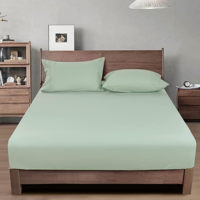 PHF 100% Garment Washed Cotton Fitted Sheet Twin Size (99cm x 190cm), Cozy Cloud Soft Bottom Sheet with Elastic 40cm Deep Pocket, Easy Fit and Breathable, without Pillowcase, Artemisia Green - Image 1