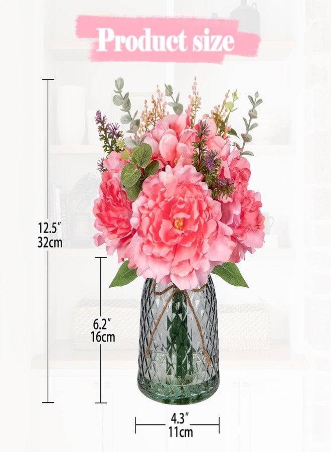 Briful Faux Flowers with Glass Vase Artificial Peony Hydrangea Silk Floral Arrangement Realistic Fake Flowers Bouquet in Vase for Home Office Dining Room Table Centerpiece Mantle Decor(Peach Pink) - Image 2