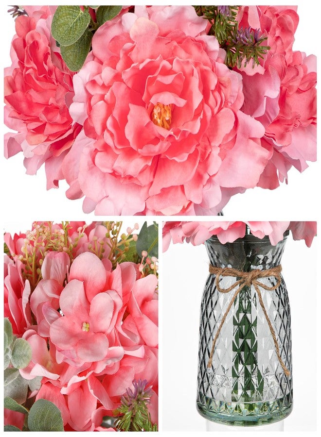 Briful Faux Flowers with Glass Vase Artificial Peony Hydrangea Silk Floral Arrangement Realistic Fake Flowers Bouquet in Vase for Home Office Dining Room Table Centerpiece Mantle Decor(Peach Pink) - Image 3