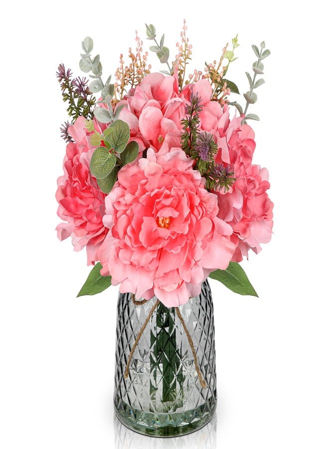 Briful Faux Flowers with Glass Vase Artificial Peony Hydrangea Silk Floral Arrangement Realistic Fake Flowers Bouquet in Vase for Home Office Dining Room Table Centerpiece Mantle Decor(Peach Pink) - Image 1