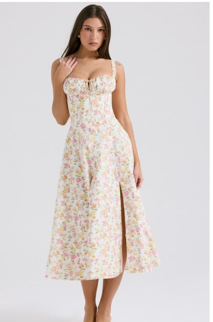 Summer French Style Slim A-Line Split Slip Dress new pink flower 