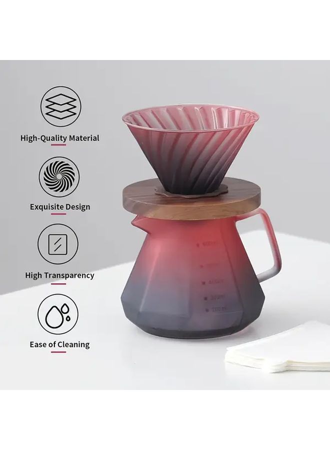 20 Oz 600 Ml Reusable Glass Pour Over Coffee Maker Set Rose Red Octagonal Coffee Pot With Wooden Handle Includes Glass Carafe Dripper Spoon And 100 Paper Filters Manual Coffee Brewer For Home Office Or Cafe Use - Image 2