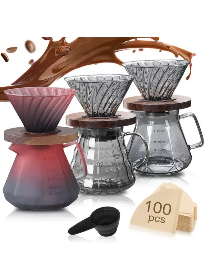 20 Oz 600 Ml Reusable Glass Pour Over Coffee Maker Set Rose Red Octagonal Coffee Pot With Wooden Handle Includes Glass Carafe Dripper Spoon And 100 Paper Filters Manual Coffee Brewer For Home Office Or Cafe Use - Image 1