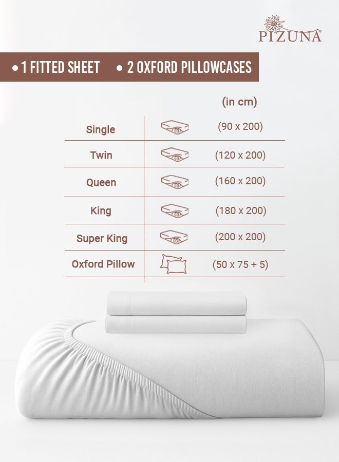 Pizuna Pure Combed Cotton Super King Fitted Sheet 200x200 cm White, 400 Thread Count Cool Luxury Soft 100% Long Staple Cotton Sateen Weave, 40cm Deep Pocket Bedsheet with 2 pillowcase (Fitted Sheet) - Image 3