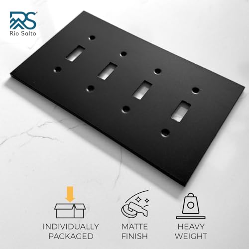 RIO SALTO Modern Metal Matte Black Quad Toggle Light Switch Cover Metal Decorative Toggle Switch Covers Wall Plate Outlet Cover Black Wall Electric Outlet Socket Quad Togle - Midsize 4 Gang - Image 2