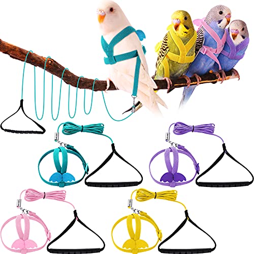 Shappy 4 Pieces Pet Parrot Bird Harness Leash Adjustable Bird Flying Harness Traction Rope with Cute Wing for Parrots Pigeons Budgerigar Lovebird Outdoor Training Toy Pink Yellow Light Purple CyanS - Image 1