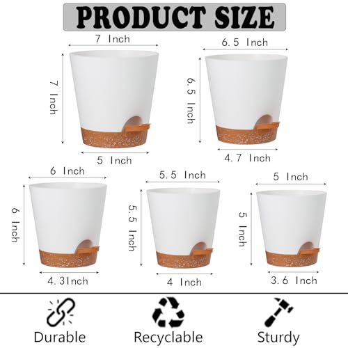 SE SUN-E Plant Pots Outdoor Self Watering Pots, Flower Pots with Drainage Hole and Reservoir White Plastic Planters for Indoor Plants Home Decorations Gift Idea 5Pack - Image 2