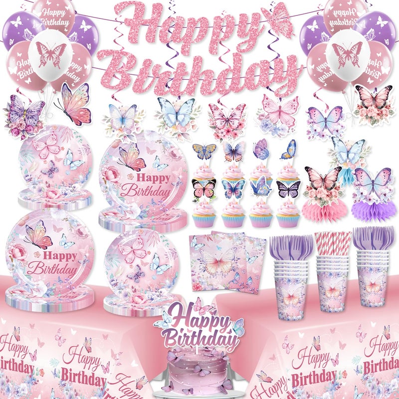 cocomigo 196 Pieces Butterfly Birthday Decor Includes Butterfly Plates & Napkins Set, Banner, Hanging, Tablecloth, Cupcake Topper, Balloon, Table Decor, for Girls Butterfly Party Decors, Serves 25 - Image 1