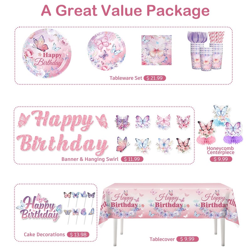 cocomigo 196 Pieces Butterfly Birthday Decor Includes Butterfly Plates & Napkins Set, Banner, Hanging, Tablecloth, Cupcake Topper, Balloon, Table Decor, for Girls Butterfly Party Decors, Serves 25 - Image 3