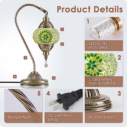 Yarra-Decor Turkish Moroccan Lamp with Bronze Base 3 Color Options Handmade Swan Neck Tiffany Mosaic Glass Bedside Lamps for Bedroom (LED Bulb Included)(6) - Image 5