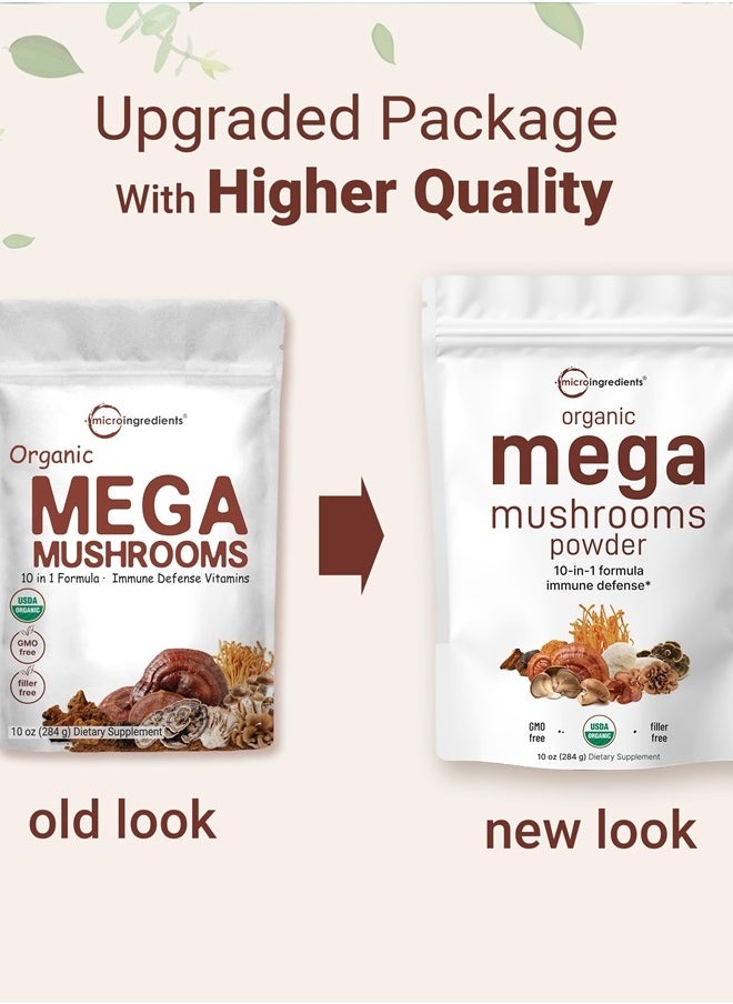 Micro Ingredients - Organic Mega Mushroom 10 in 1 Complex Formula Powder for Immune System Booster, 10 Ounce (284 Days Supply), Chaga, Lions Mane, Cordyceps, Reishi & More, Filler Free, Vegan - Image 1