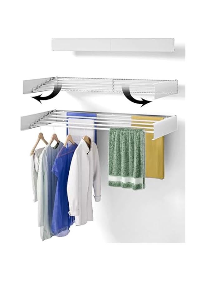 MIXDE Laundry Drying Rack Collapsible, Wall Mounted, Clothes Drying Rack, 31.5 Wide, 13.2 Linear Ft, 5 Aluminum Rods, 60 lb Capacity, Laundry Racks for Drying Clothes with Wall Template (White) - Image 3