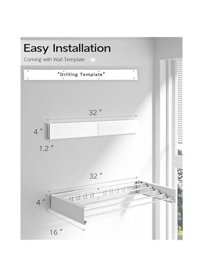 MIXDE Laundry Drying Rack Collapsible, Wall Mounted, Clothes Drying Rack, 31.5 Wide, 13.2 Linear Ft, 5 Aluminum Rods, 60 lb Capacity, Laundry Racks for Drying Clothes with Wall Template (White) - Image 2