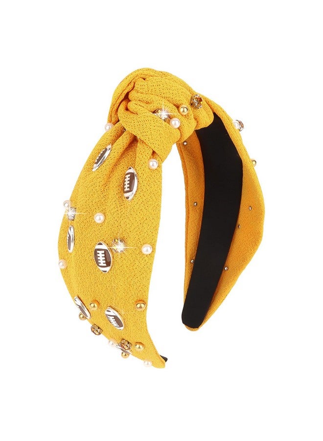 YARIEW Football Headband Pearl Rhinestone Jeweled Knotted Headband Fashion Headband Wide Game Day Sports Hair Accessories Gift for Football Mom Fans Christmas (Gold) - Image 1