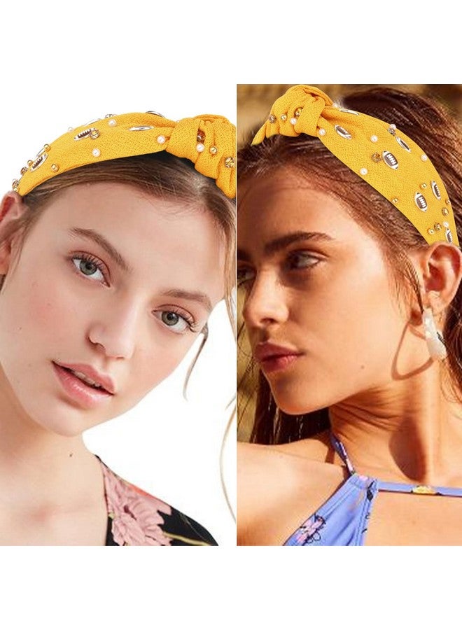 YARIEW Football Headband Pearl Rhinestone Jeweled Knotted Headband Fashion Headband Wide Game Day Sports Hair Accessories Gift for Football Mom Fans Christmas (Gold) - Image 4