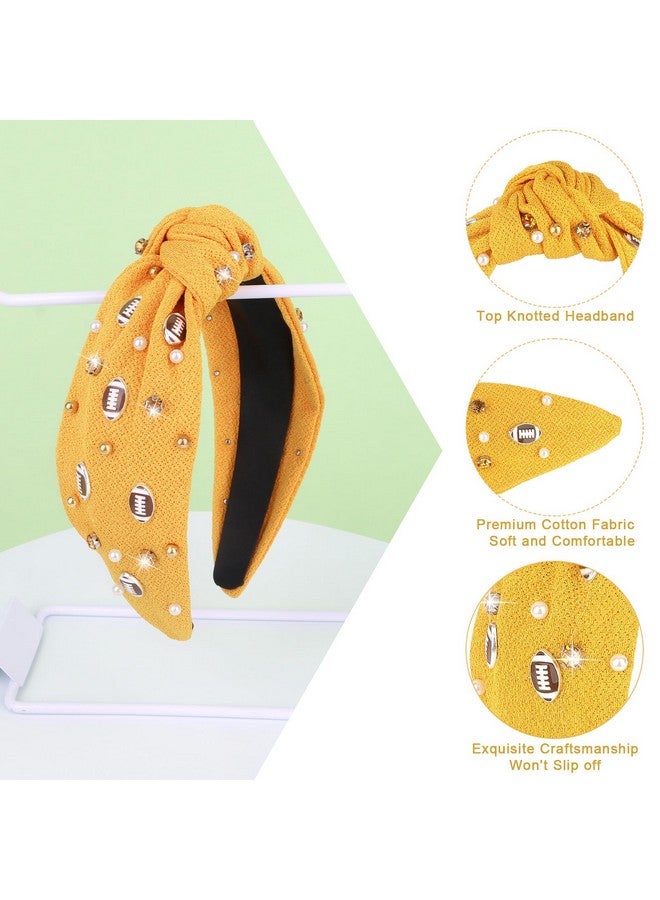 YARIEW Football Headband Pearl Rhinestone Jeweled Knotted Headband Fashion Headband Wide Game Day Sports Hair Accessories Gift for Football Mom Fans Christmas (Gold) - Image 3