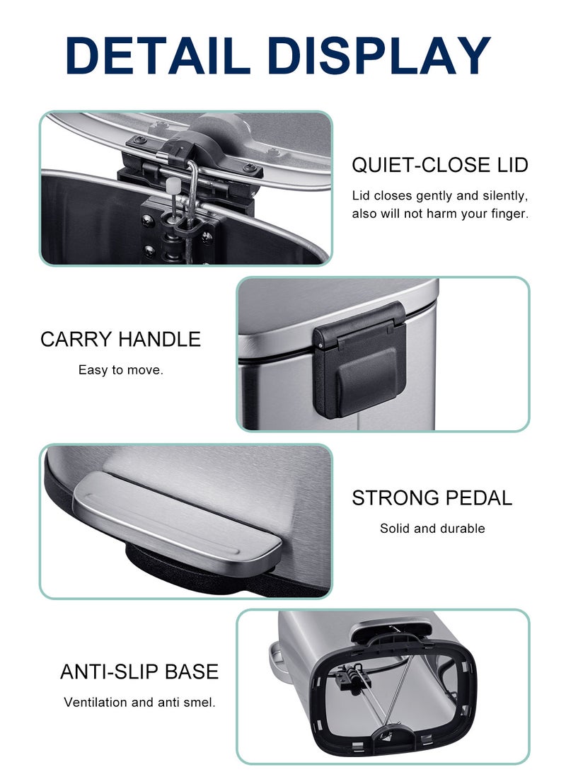 Noon East 5 Liters / 1.3 Gallon Kitchen Trash Can, Step On Garbage Can with Soft-Close Lid and Foot Pedal, With Inner Bucket for Kitchen, Bedroom, Bathroom, Office - Image 3