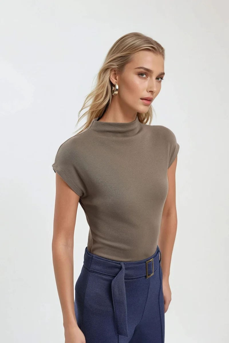 Busem Fitted Mock Neck Cap Sleeve Knitted Blouse
