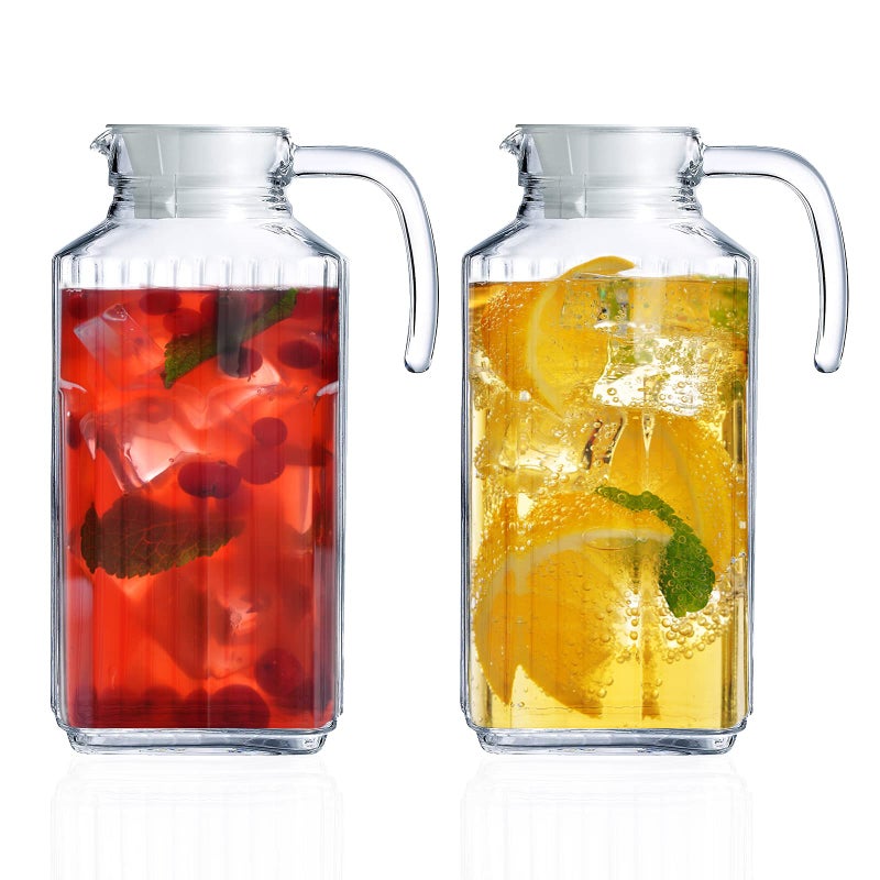 Glass Pitcher with Lid  Set of 2 Glass Water Pitcher 55Oz  Cold Carafe for Ice Tea Water Lemonade Coffee  Elegant and Modern  Practical Spout Pitchers for Drinks