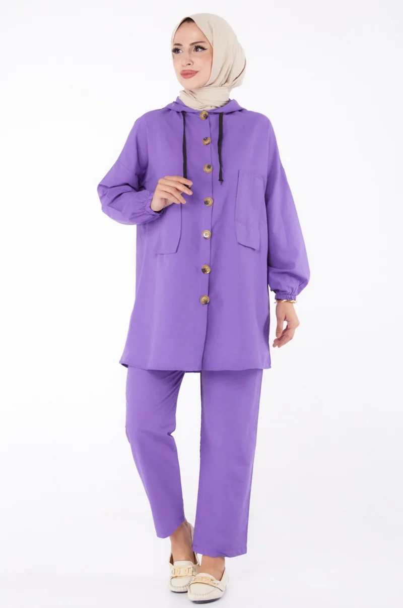 Tofisa Plain Hooded Collar Women's Lilac Tunic + Trousers - 13020
